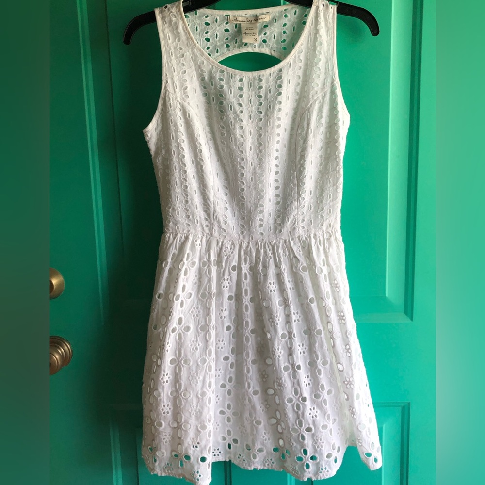 American Rag White Eyelet Dress, with cut in back, lined, Juniors Small.